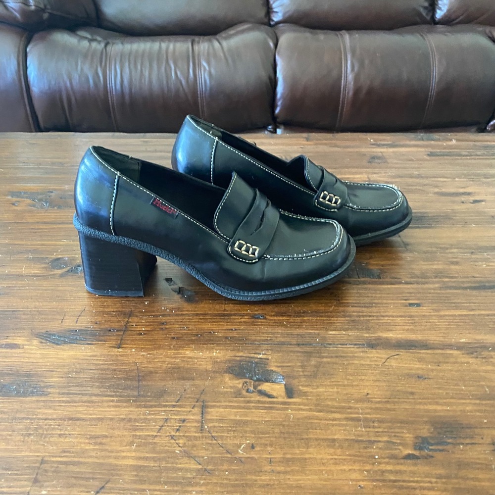 Mudd Becky Vintage Black Chunky Block Heel Penny Loafers Square Toe Womens 6.5 M